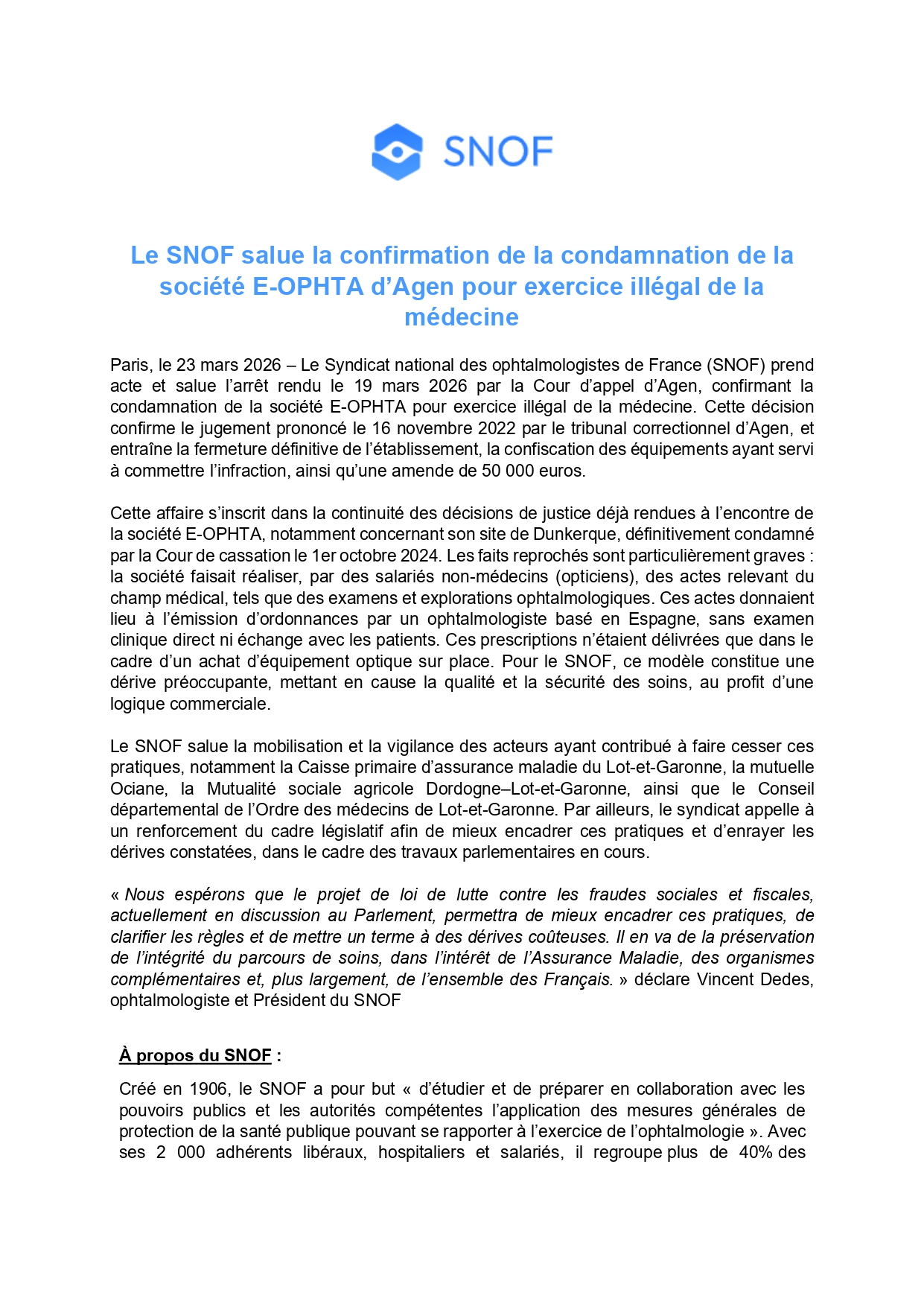 Confirmation de la condamnation pour exercice illégal de la médecine d'E-Opta Agen